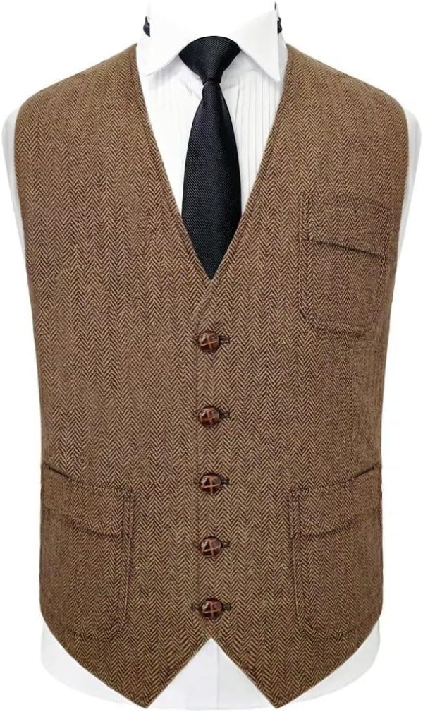 Men Vintage Tweed Suit Vest V Neck Casual Wool Waistcoat for Wedding Groomsmen Men Formal Vest - Image 2