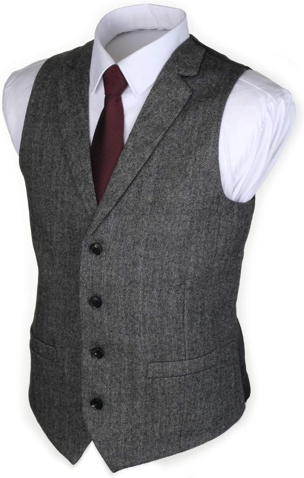 2Pockets 4Buttons Wool Herringbone Tweed Tailored Collar Suit Vest - Image 2