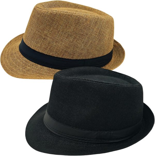 2 Pack Short Brim Fedora Classic 20s Trilby Panama Hats Summer Travel Cap for Men Women