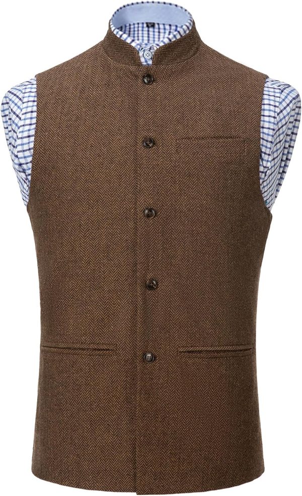 Men Herringbone Wool Vests Suit Business Tweed High Collar Waistcoats Slim Fit - Image 2